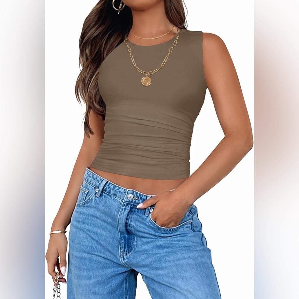 ZESICA Slim Fit Ruched Sleeveless Brown Top